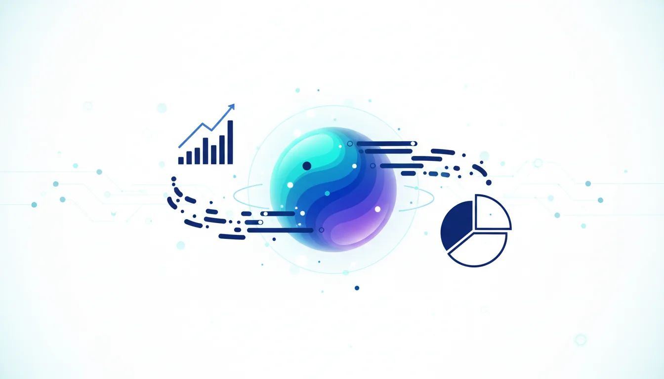 Abstract visualization of data analytics with a glowing sphere, bar chart, and pie chart, representing AI-powered visual communication.