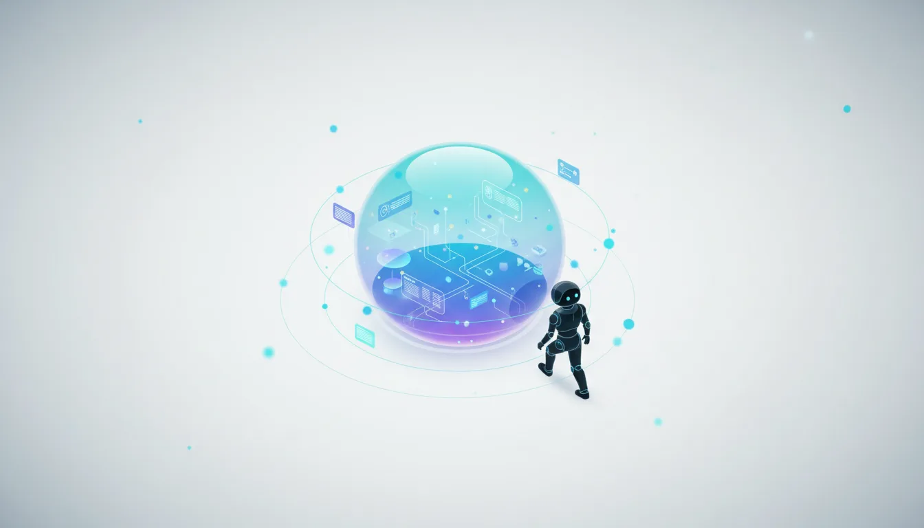 Robot approaching a glowing sphere containing a 3D world model, symbolizing embodied AI training.