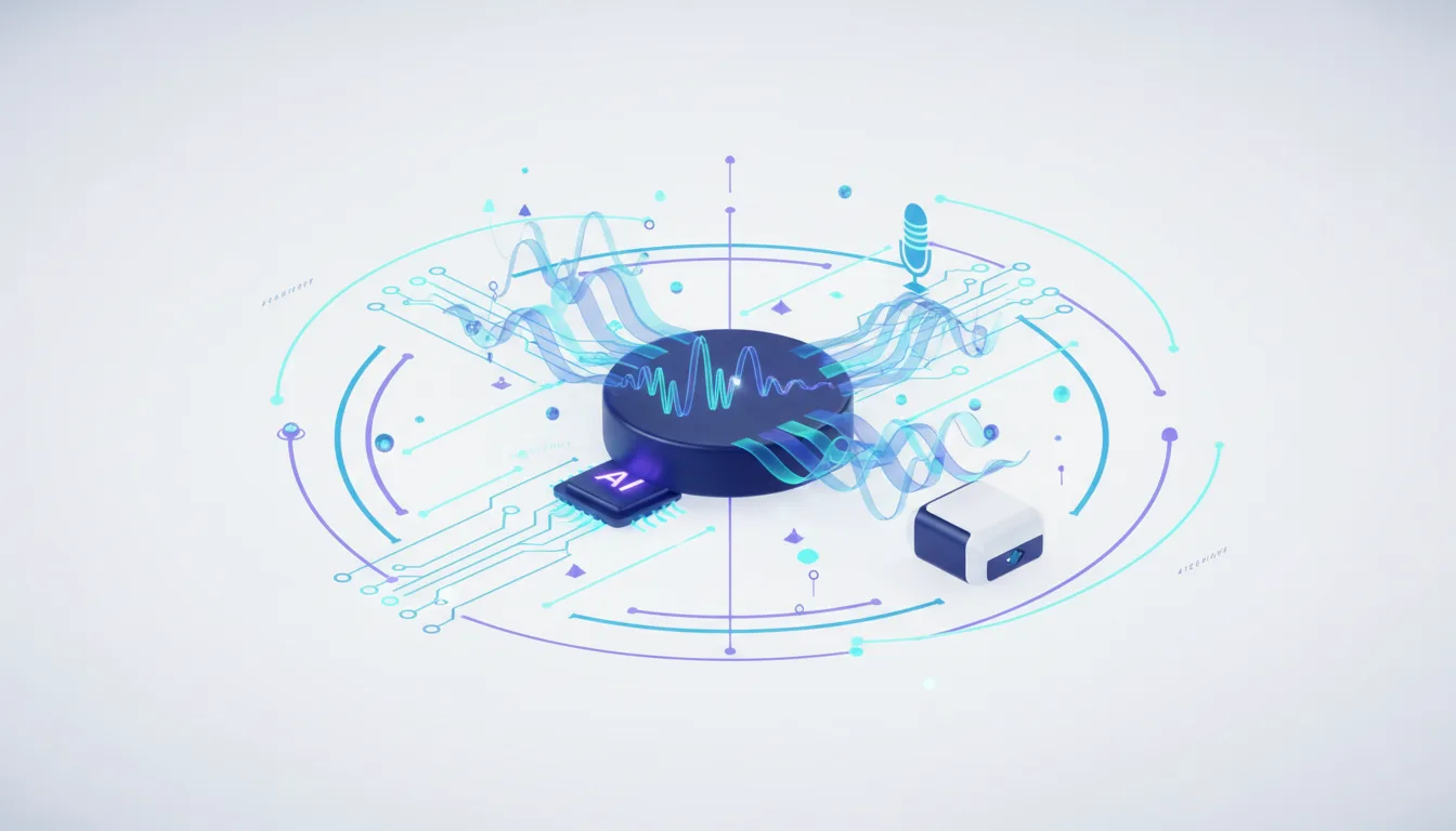 Abstract visualization of AI chip processing audio waves and data streams on a circuit board, representing generative AI in gaming.