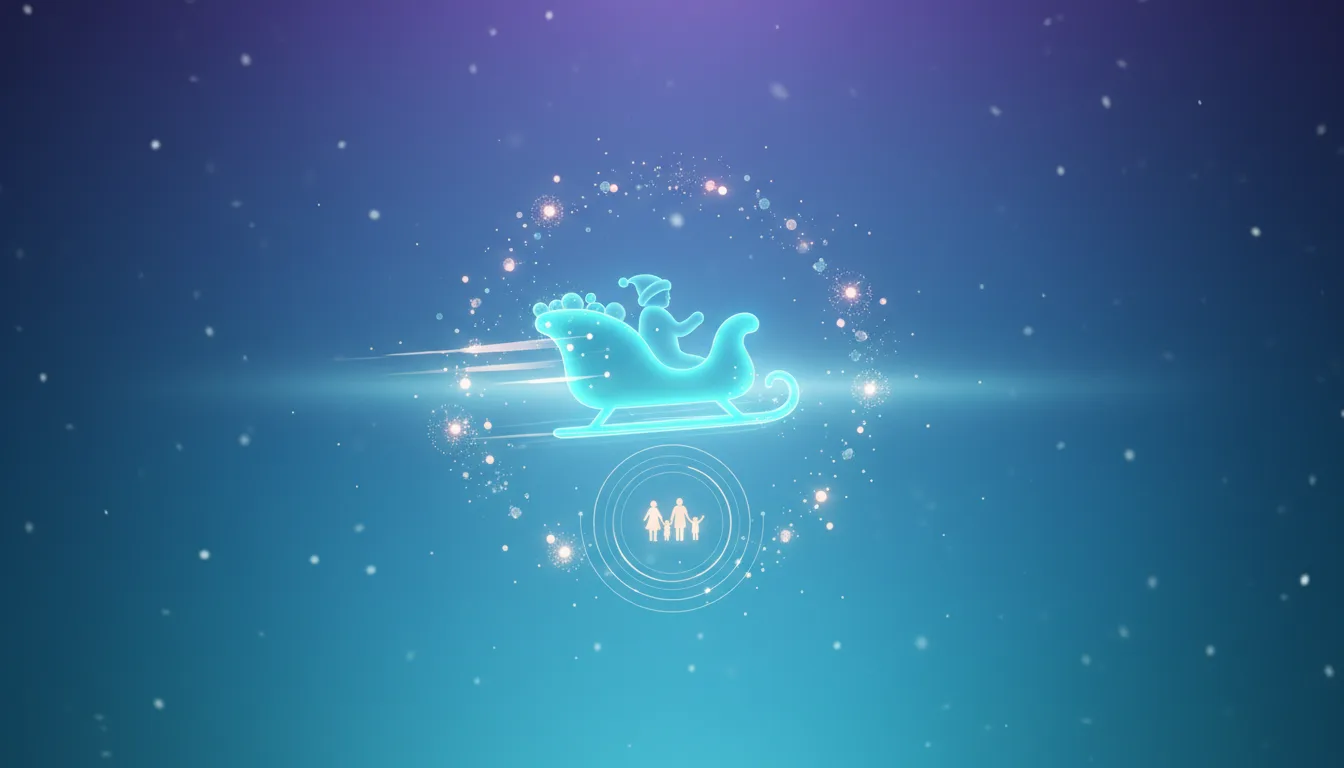 Neon blue outline of Santa in a sleigh with gifts, pulled by reindeer, surrounded by festive lights and a family icon, representing AI-powered holiday magic.
