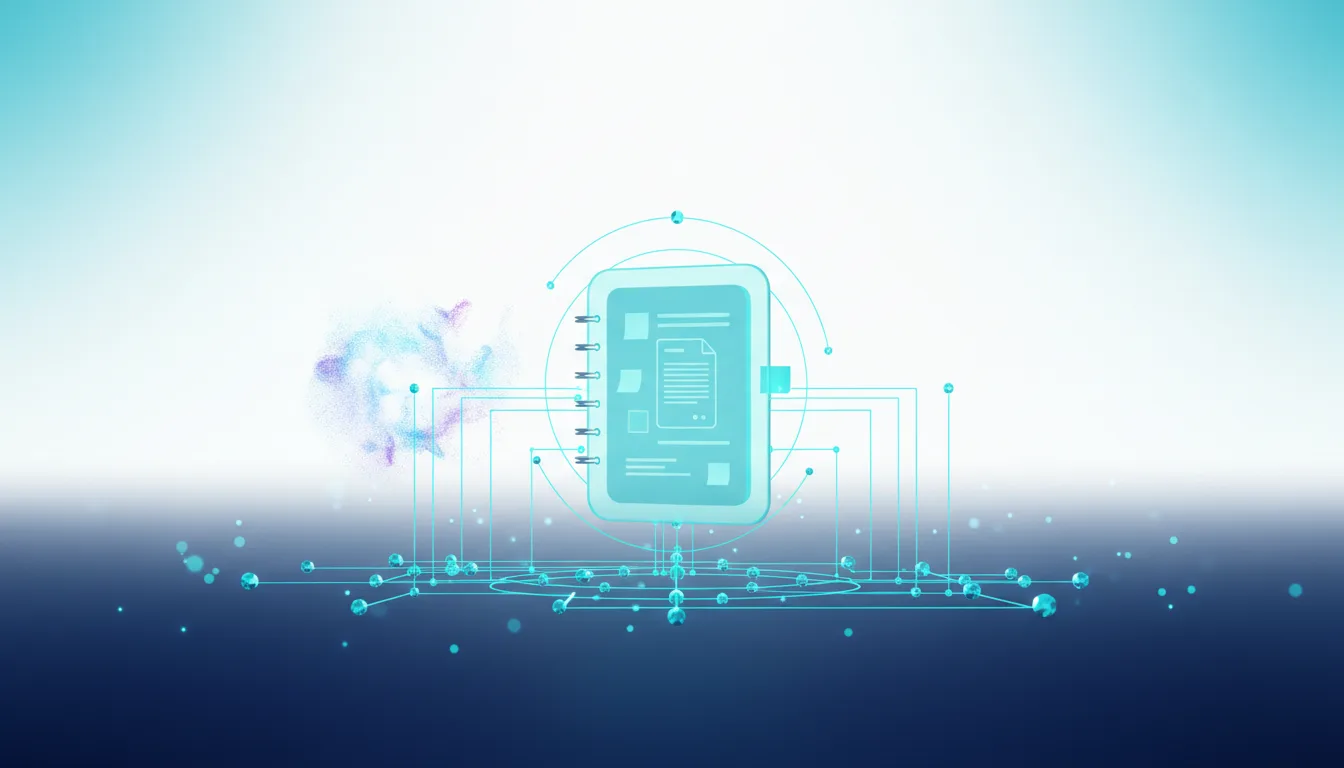 Abstract visualization of Google NotebookLM, a digital notebook interface connected by glowing lines to a network of nodes.