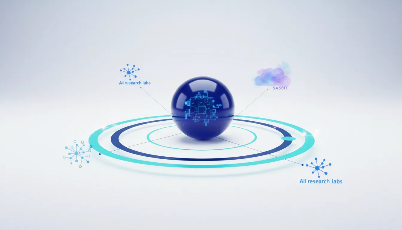 Central blue sphere with internal circuitry, surrounded by concentric rings and connected to abstract representations of research labs and cloud computing.