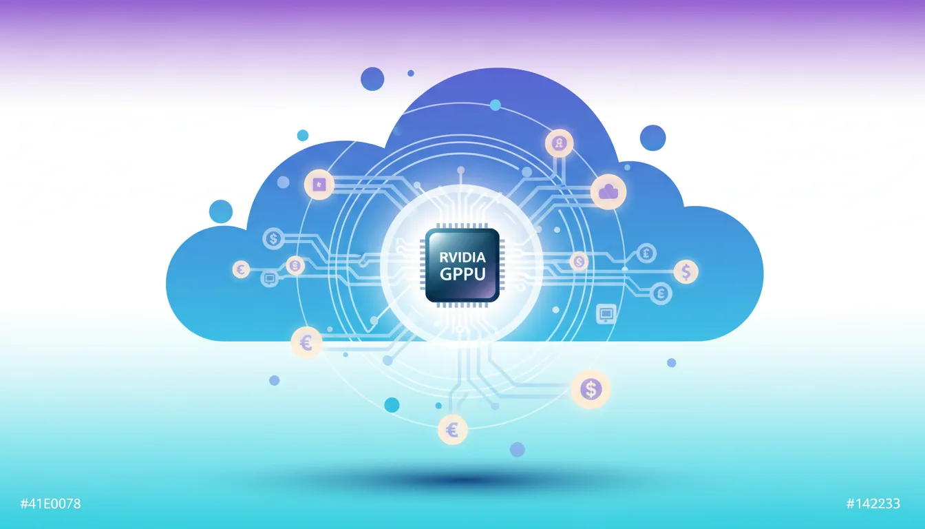 Cloud graphic with Nvidia GPPU chip at center, surrounded by circuit lines and currency symbols.
