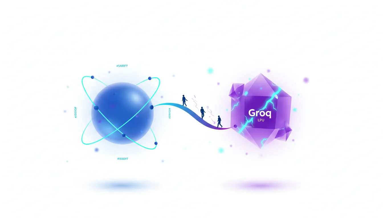 Abstract representation of Nvidia licensing Groq LPU technology, showing a blue atomic structure connecting to a purple crystal labeled Groq LPU.