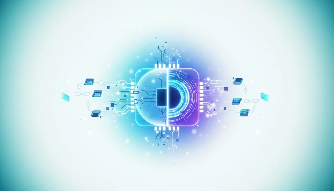 Abstract illustration of a central processor chip with glowing circuits and connections to smaller chips, symbolizing AI hardware and data flow.