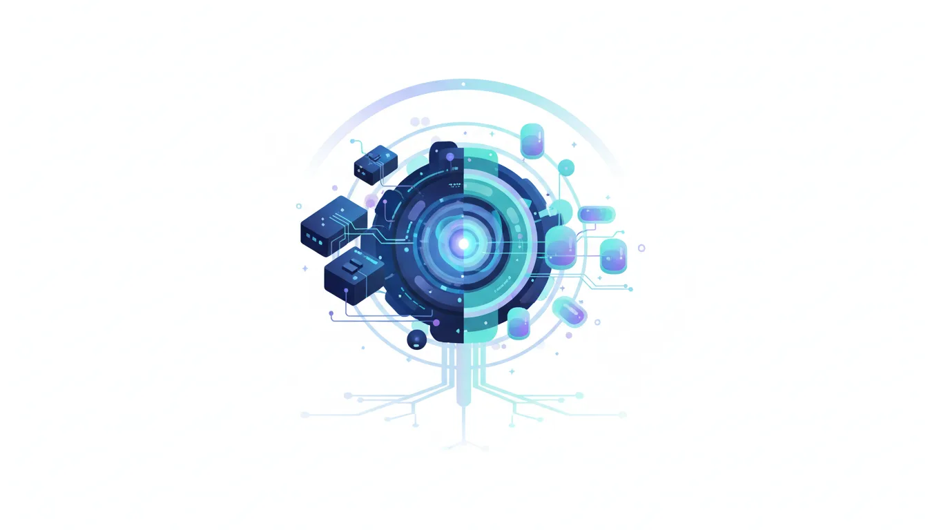Abstract futuristic AI interface with glowing blue and purple circuits and data blocks, representing AI integration and technology.