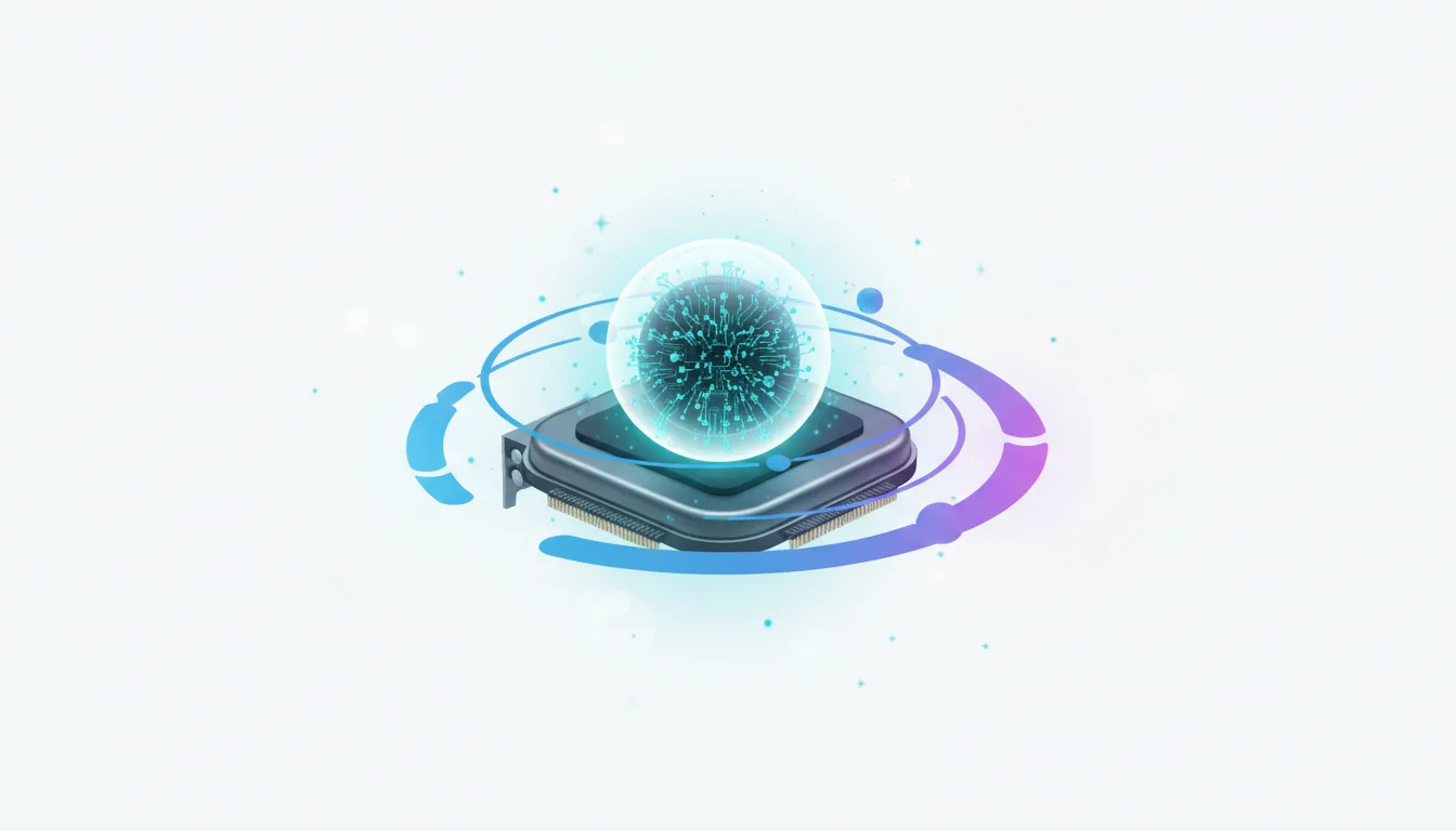 Abstract representation of a GPU chip with a glowing sphere containing AI data, symbolizing edge AI processing.