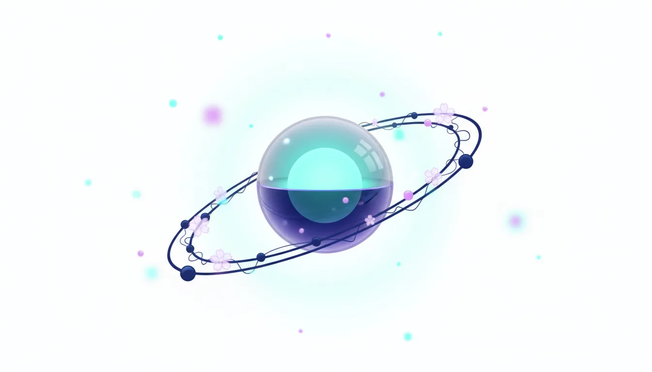 Abstract representation of a planet with a ring, featuring a glowing orb filled with purple liquid and adorned with cherry blossoms.
