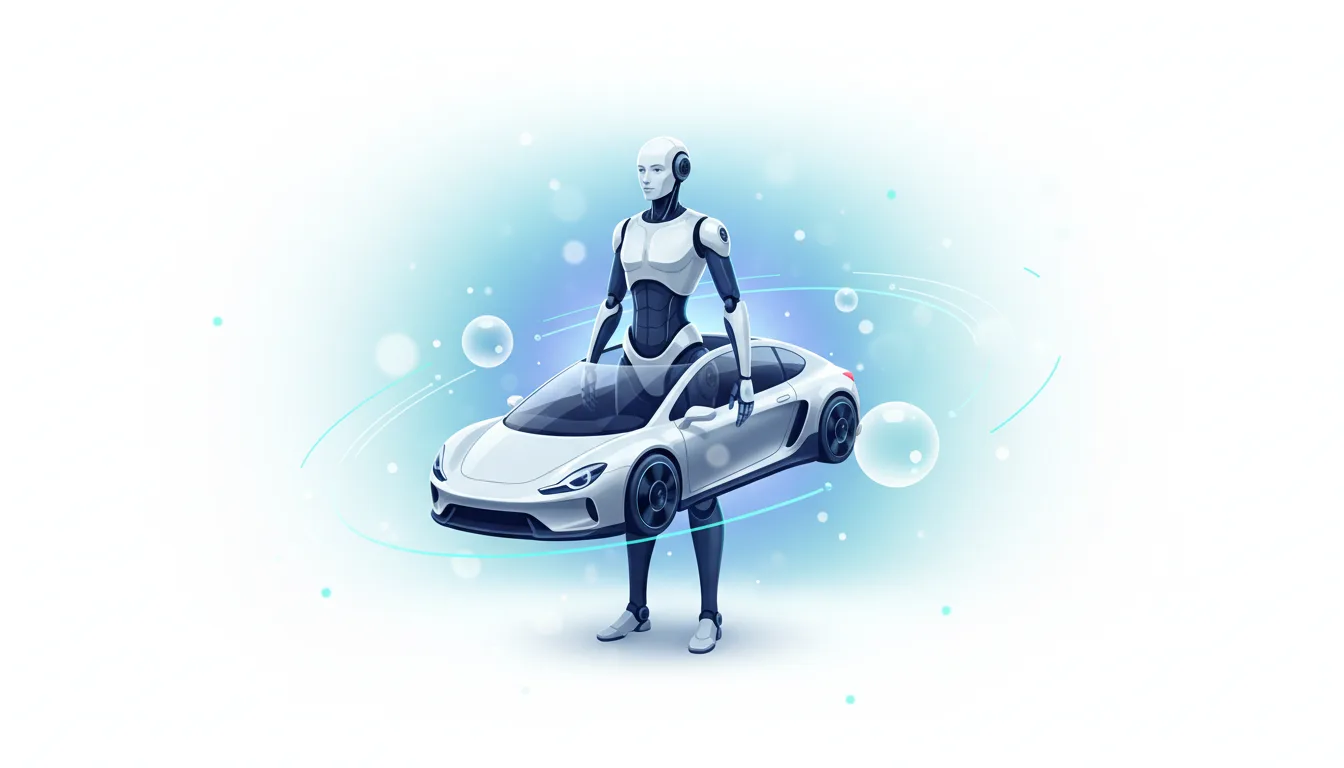 Humanoid robot holding a white autonomous vehicle, symbolizing AI integration in robotics and AV development.