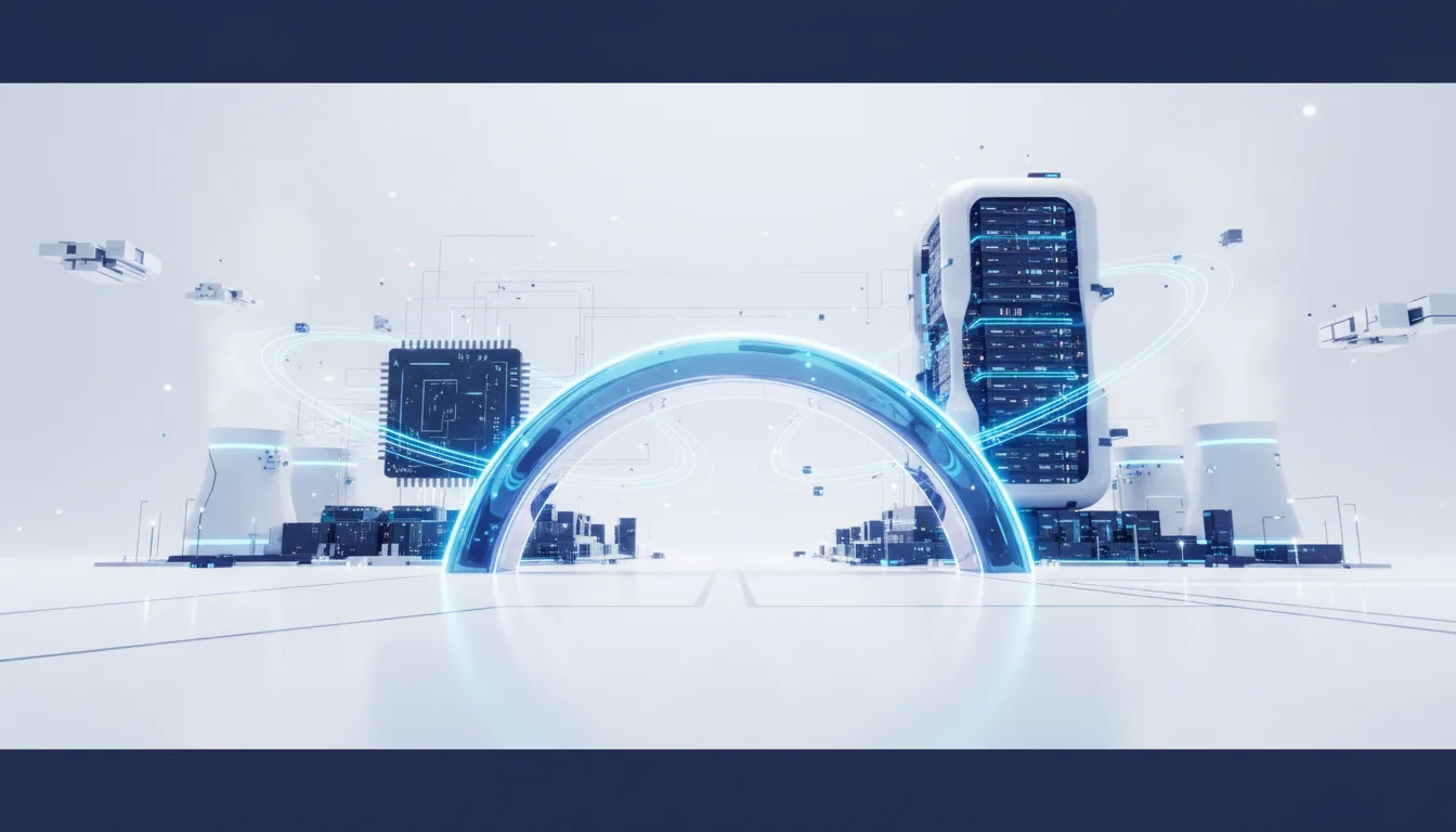 Futuristic data center with glowing circuits, server towers, and cooling towers, representing AI infrastructure and Nvidia's proposed OpenAI deal.