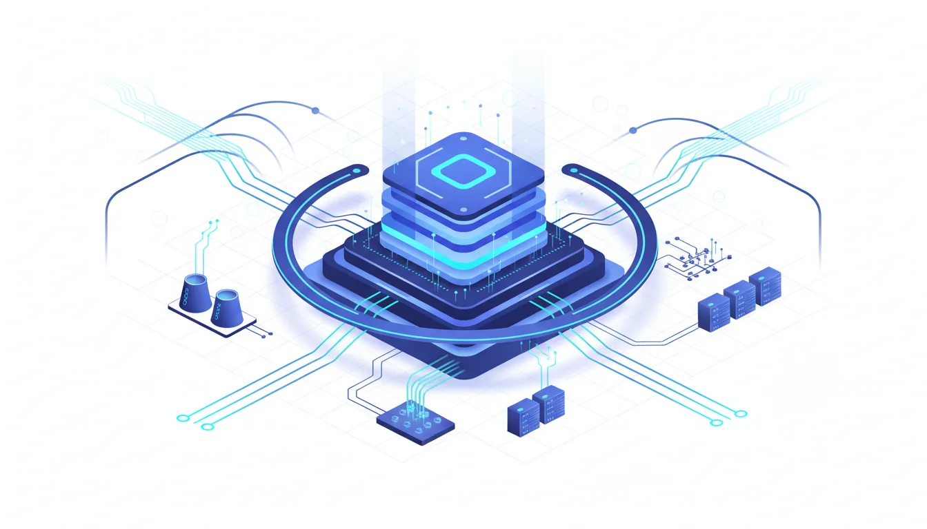 Abstract illustration of a central AI processing unit connected to server racks, power plants, and data pathways, symbolizing direct AI infrastructure.