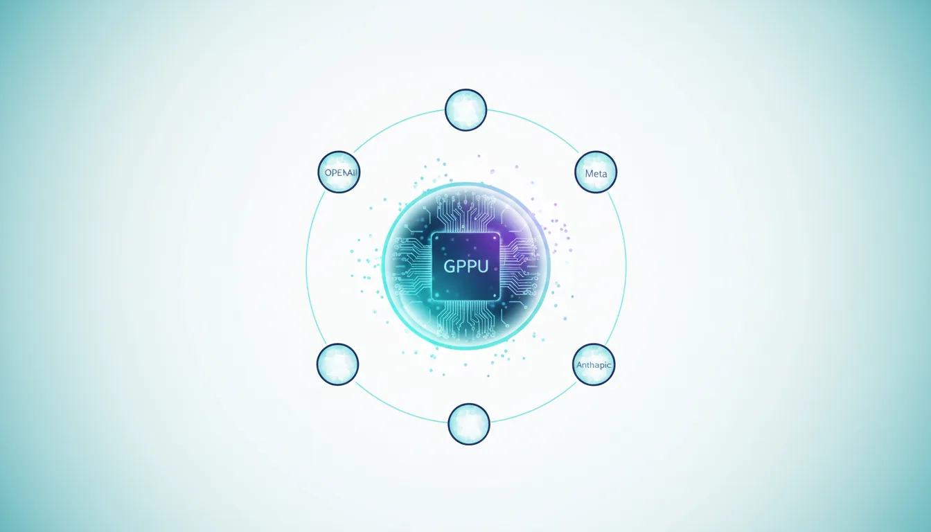 Abstract graphic showing a central GPPU chip surrounded by circles labeled OpenAI, Meta, and other AI entities, representing interconnected AI development.