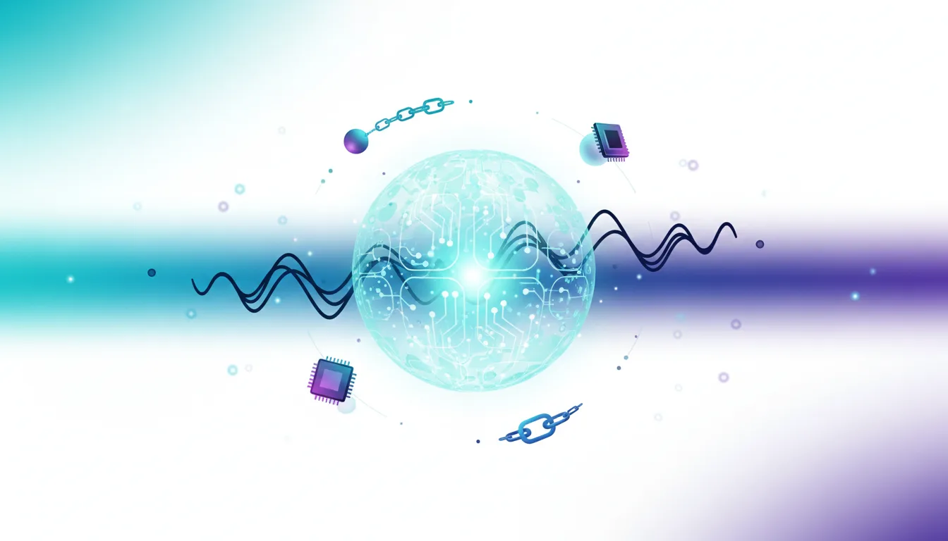Abstract visualization of a glowing sphere with circuit patterns, surrounded by digital chains and microchips, representing AI technology and supply chain connections.