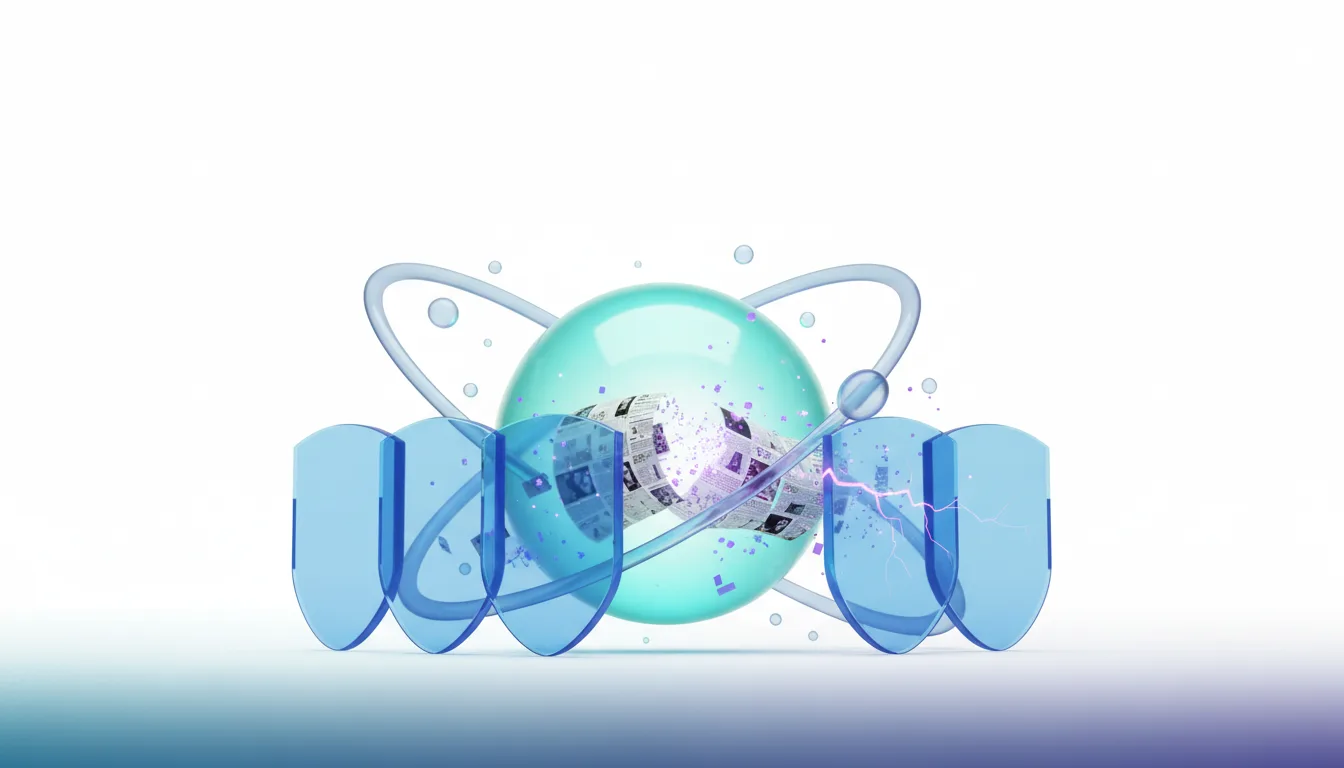 Abstract representation of data being protected by shields, symbolizing copyright defense in AI technology.