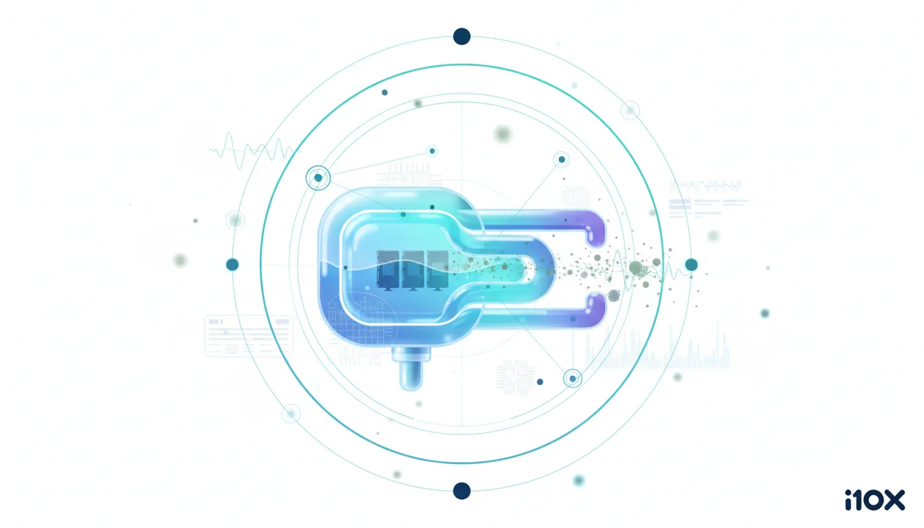 Abstract illustration of AI liquid cooling system with sensors detecting microscopic particles in the coolant flow.