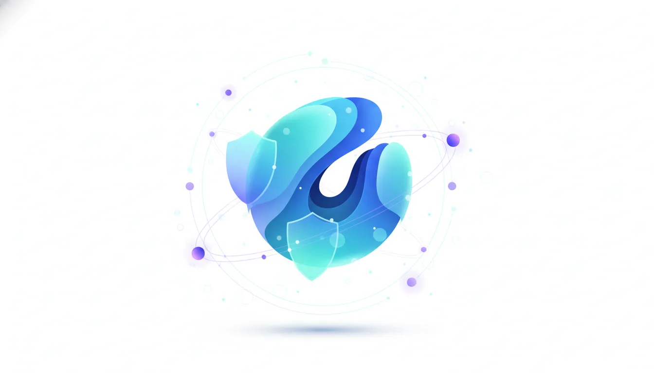 Abstract blue and teal fluid shape with two shield icons and orbiting nodes, representing Open Claw AI's privacy-first approach.