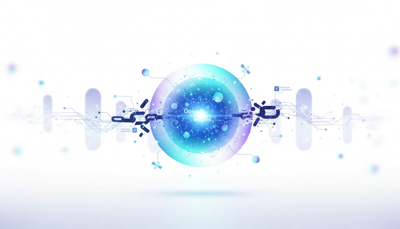 Abstract visualization of open source AI, featuring a glowing sphere with 'Open AI Model' text, connected by a broken chain to digital circuits and satellites.