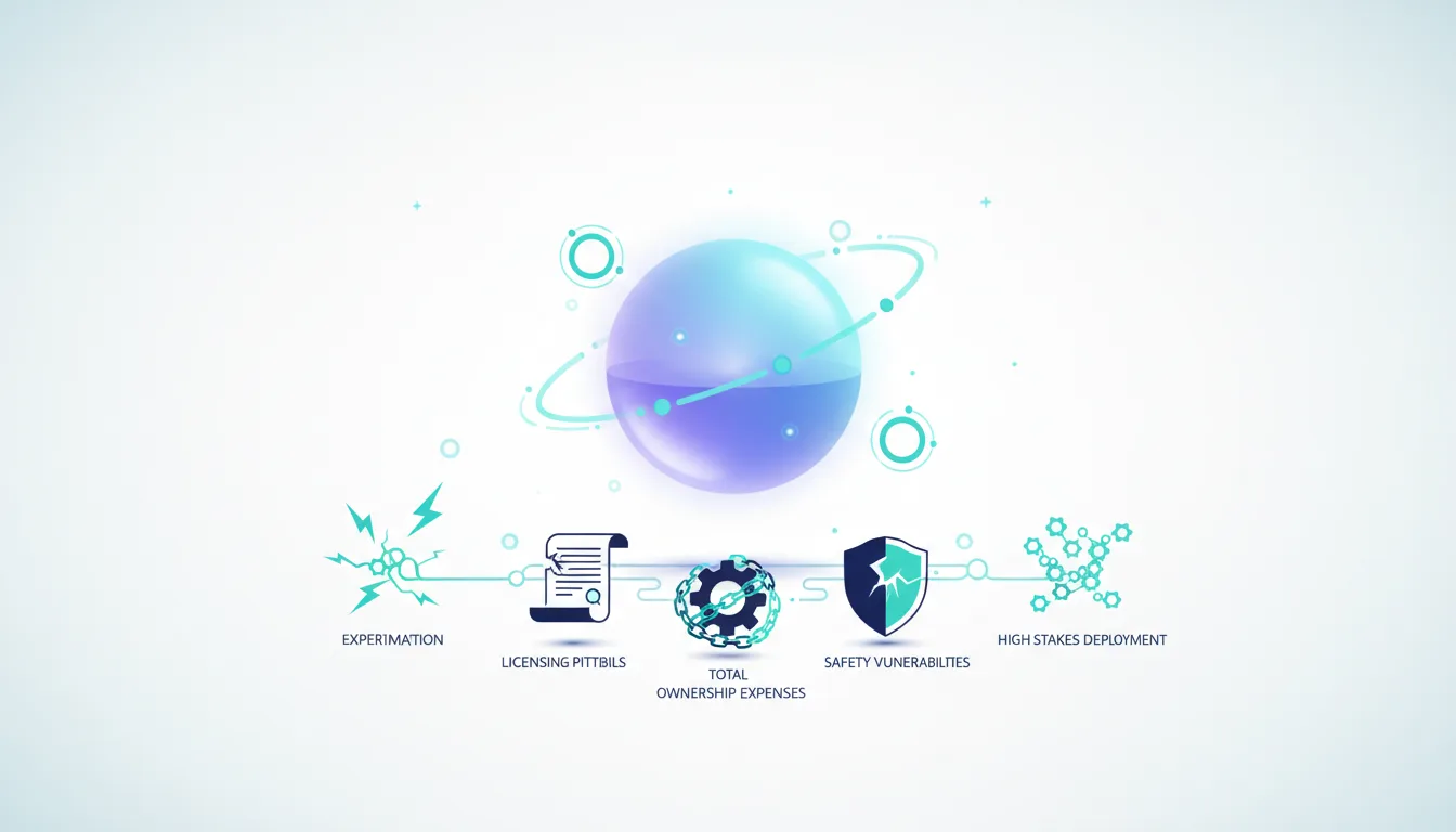 Abstract graphic illustrating open source LLM production readiness challenges including experimentation, licensing, total ownership expenses, safety vulnerabilities, and high stakes deployment.