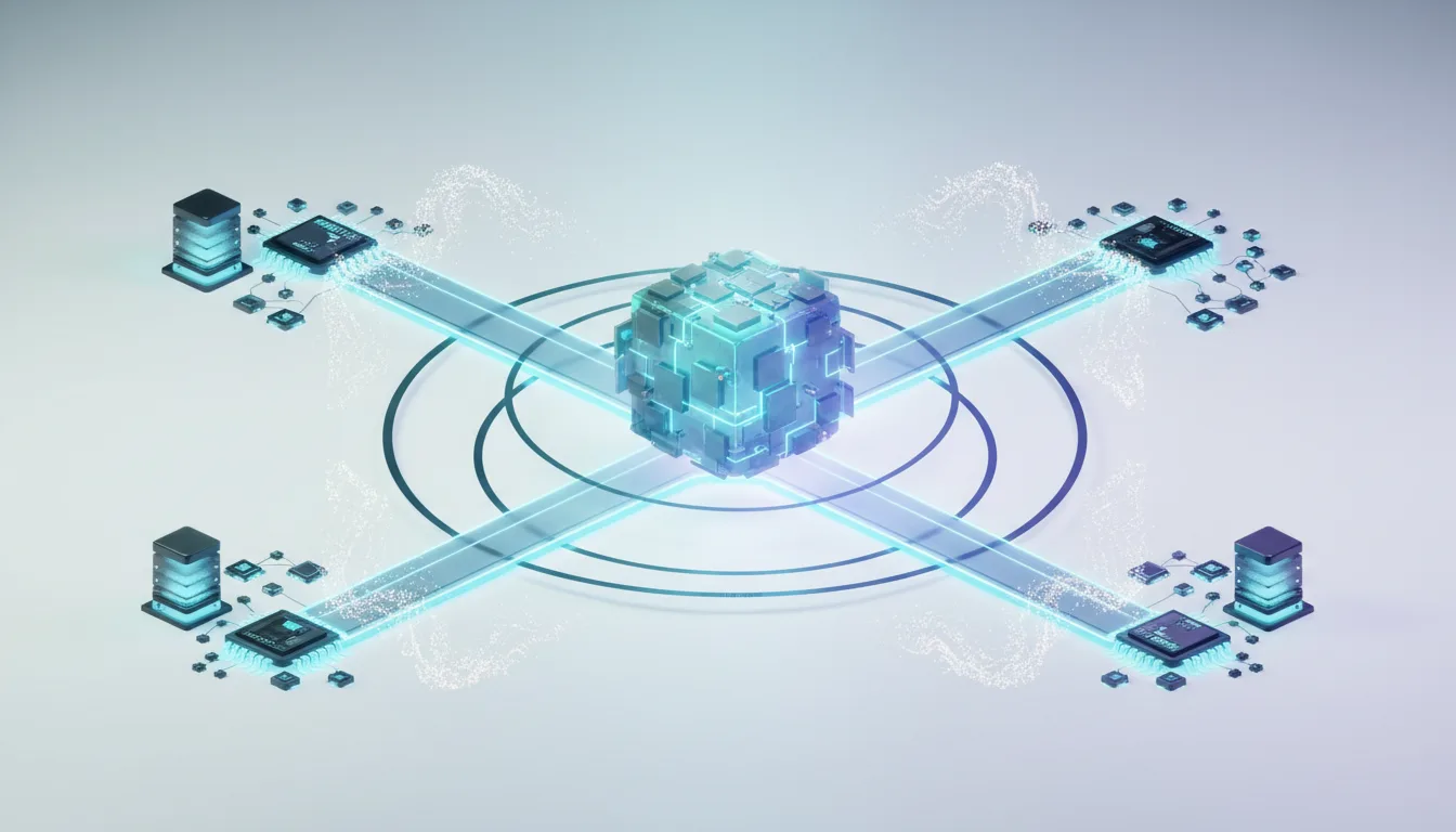 Abstract visualization of a central AI core connected to distributed processing units and data servers via glowing conduits, representing decentralized AI infrastructure.