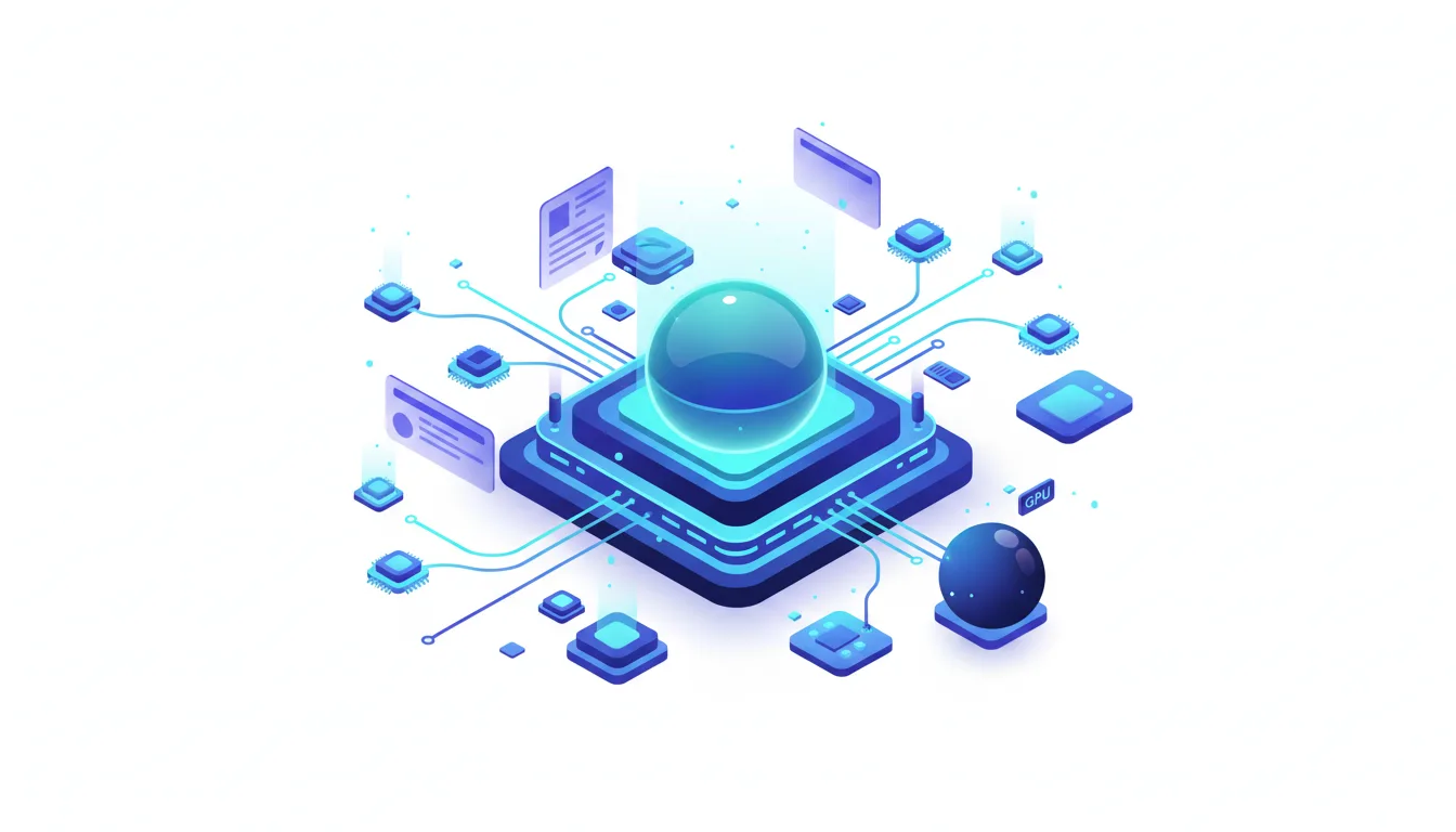 Abstract illustration of a glowing blue AI infrastructure with interconnected nodes and data spheres, representing AI model deployment.