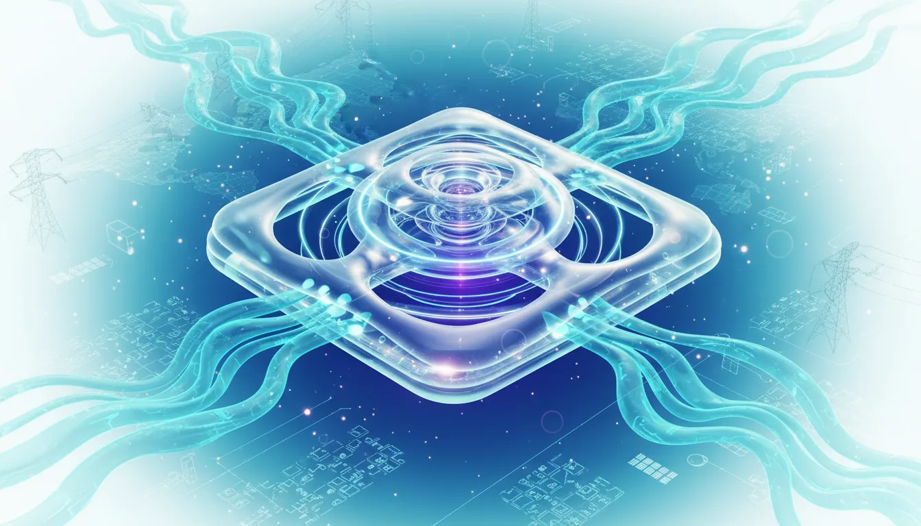 Abstract representation of AI infrastructure with glowing energy conduits flowing into a central processing unit, symbolizing massive power and data flow.