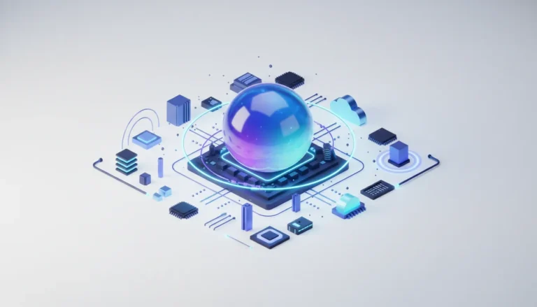 Abstract visualization of AI infrastructure with a central glowing sphere surrounded by microchips, servers, and cloud icons.