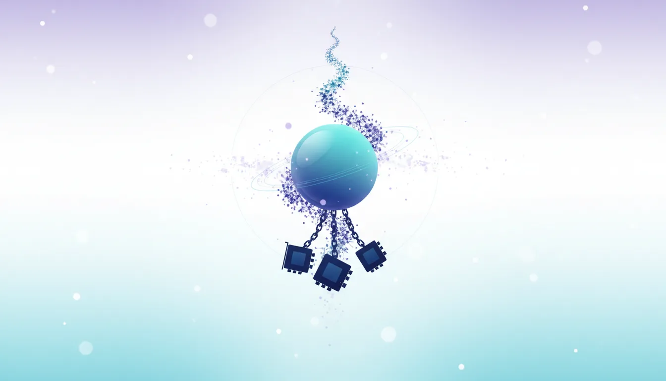 Abstract representation of a planet with chains and square modules, symbolizing AI growth and its dependencies.