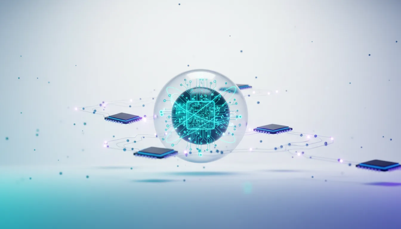 A transparent sphere containing a glowing circuit board resembling an eye, connected to surrounding computer chips by glowing lines.