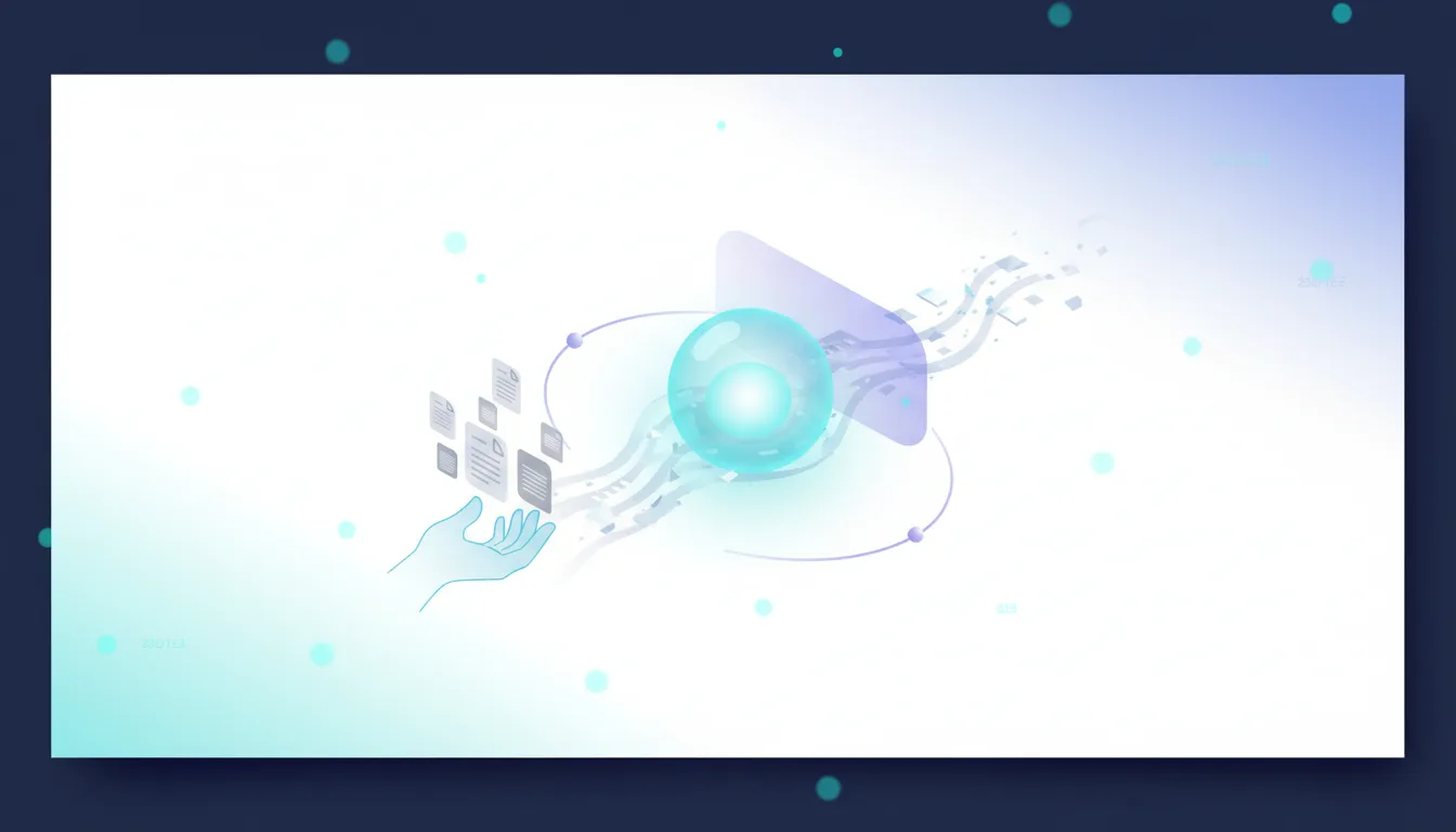 Abstract illustration of a hand offering documents towards a glowing orb and digital data streams, representing OpenAI's crowdsourcing for AI benchmarks.