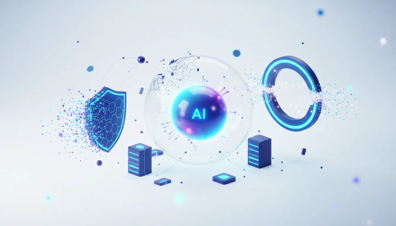 Abstract visualization of AI security with a glowing AI sphere protected by a shield, surrounded by servers and network nodes.