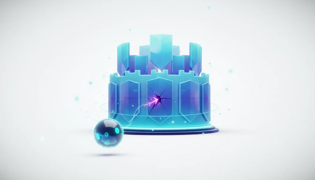 Abstract blue fortress with a crack and arrow, representing AI security vulnerabilities and OpenAI's agentic AI challenges.
