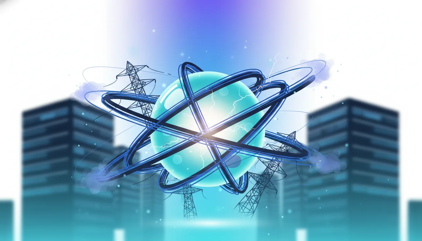 Abstract representation of artificial general intelligence with orbiting rings and electrical towers symbolizing power constraints.