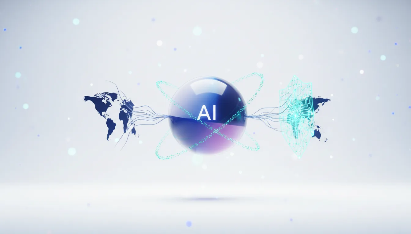 Abstract visualization of AI connecting two world maps, symbolizing global competition for artificial intelligence technology.