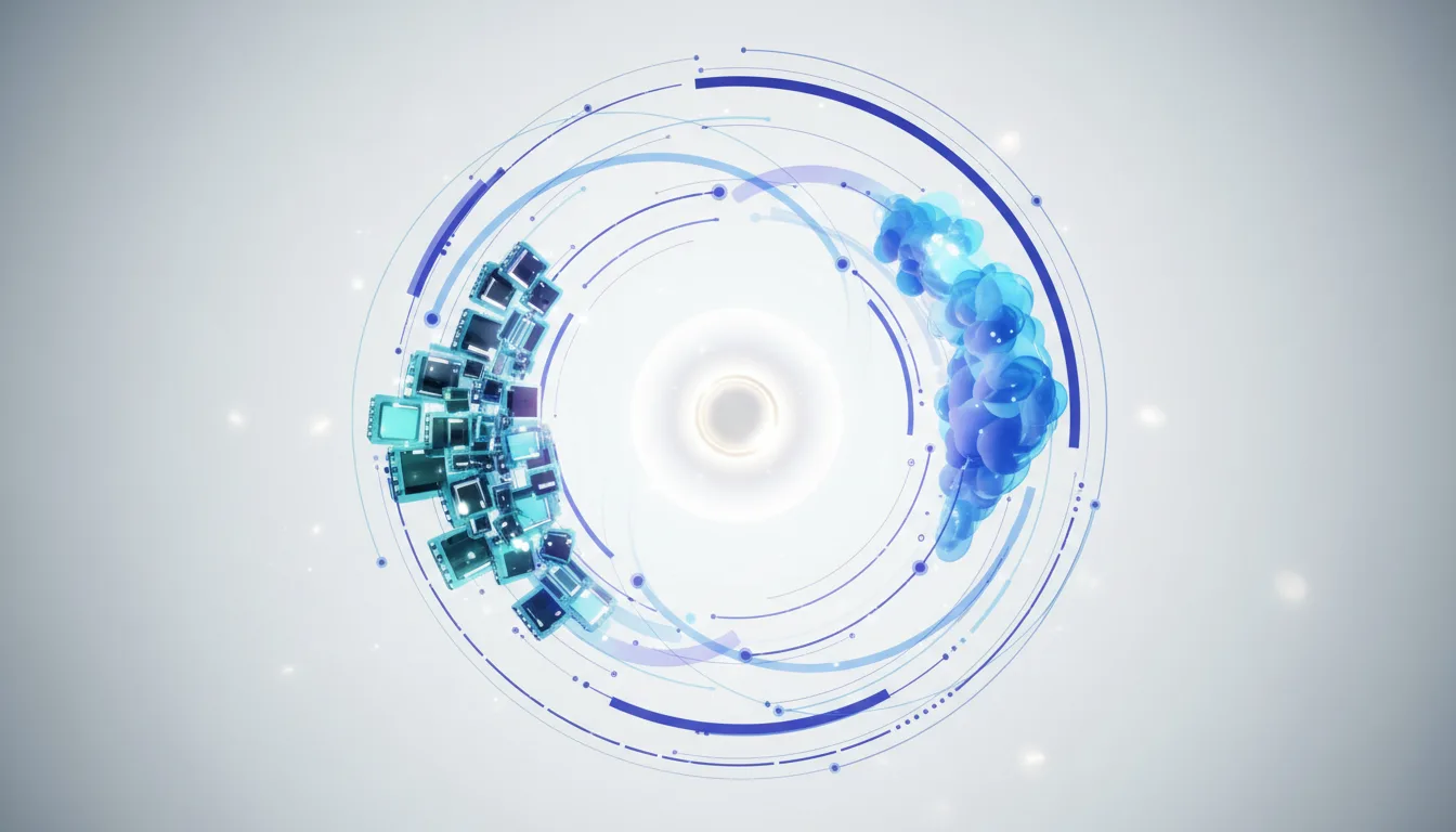 Abstract circular network graphic with clusters of digital screens and blue organic shapes representing AI technology and investment opportunities.