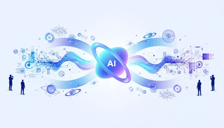 Abstract illustration of AI models proposing new scientific theories in mathematics and physics