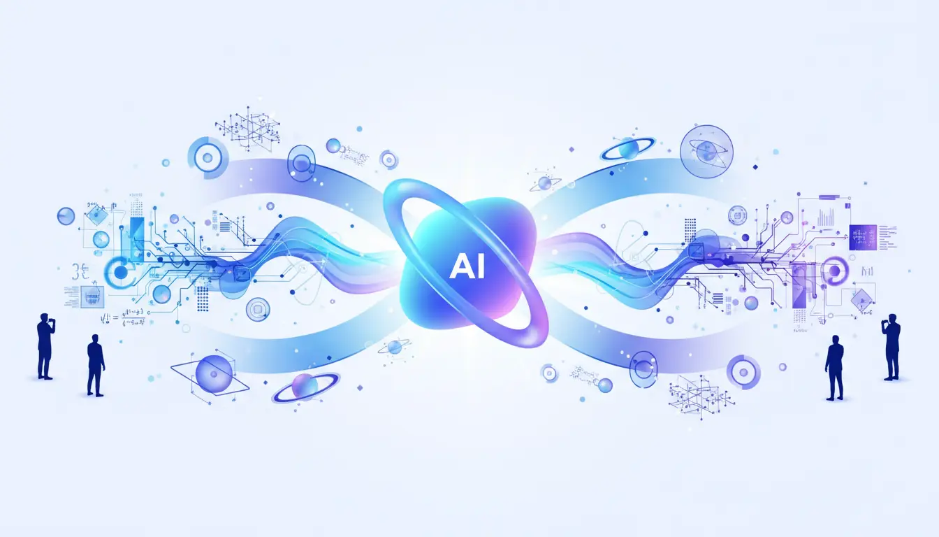 Abstract illustration of AI models proposing new scientific theories in mathematics and physics