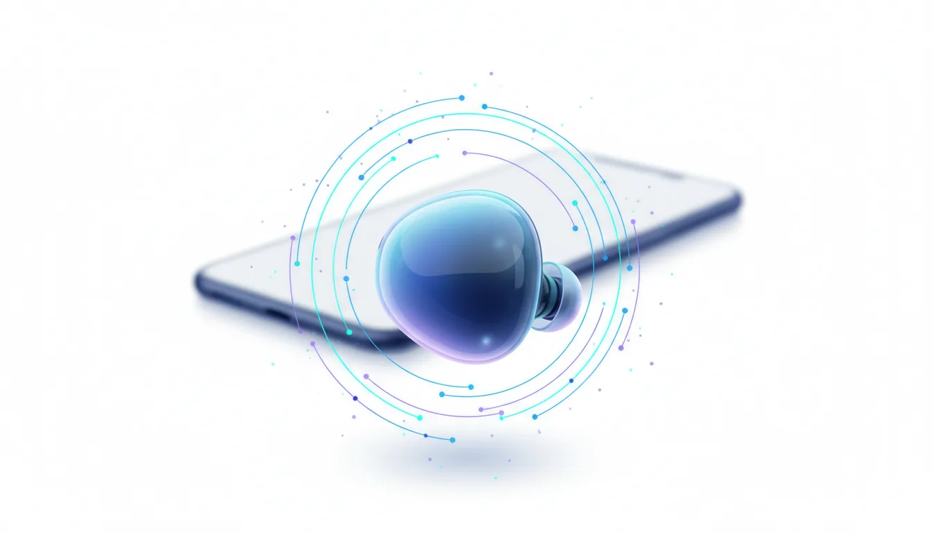 Futuristic AI headset hovers over a smartphone, surrounded by glowing digital circuits and data points.