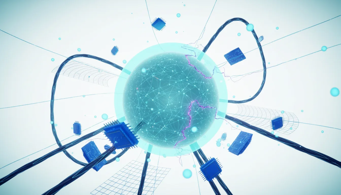 Abstract visualization of a glowing blue sphere connected by wires to computer chips, representing AI infrastructure and global connectivity.