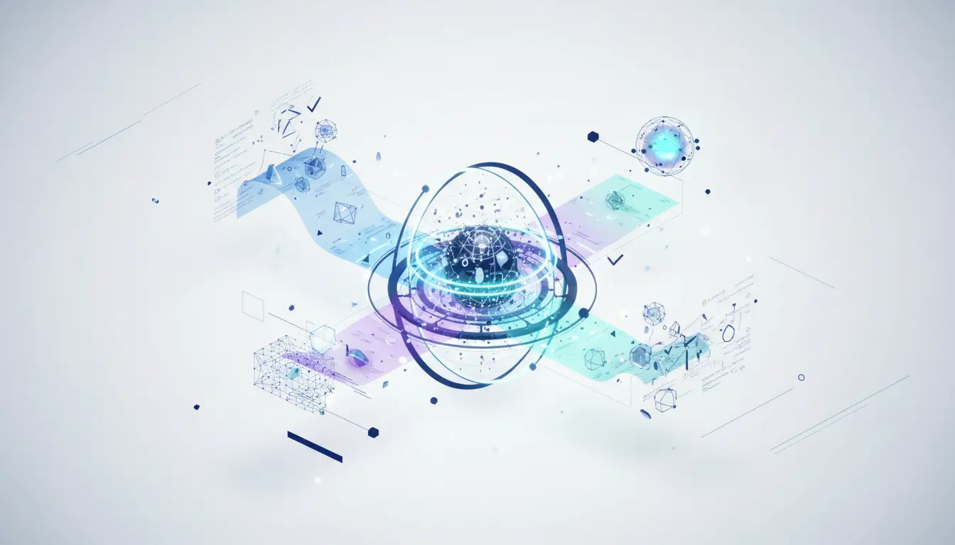 Abstract illustration of AI generating mathematical proofs in theoretical physics and computer science