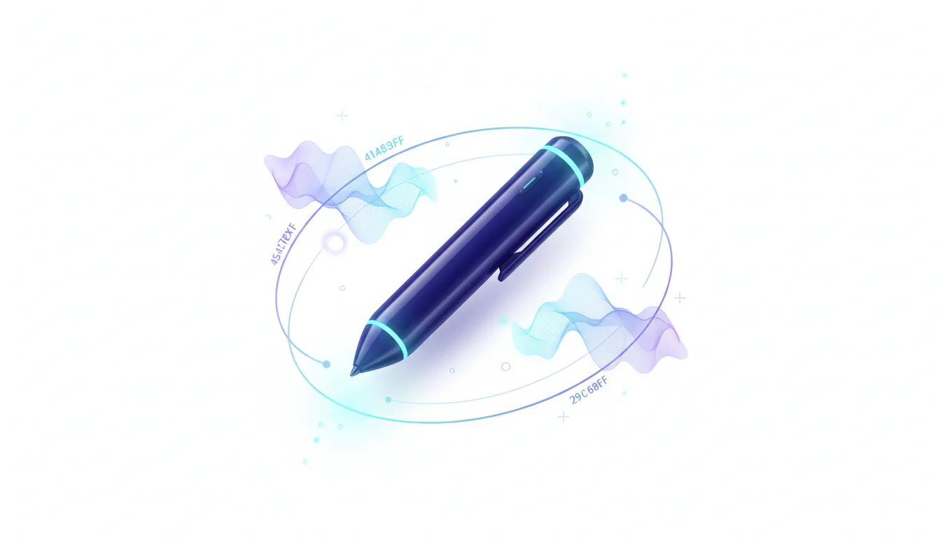 Conceptual illustration of a sleek, dark blue AI pen with glowing blue accents, surrounded by abstract sound waves and data visualizations.
