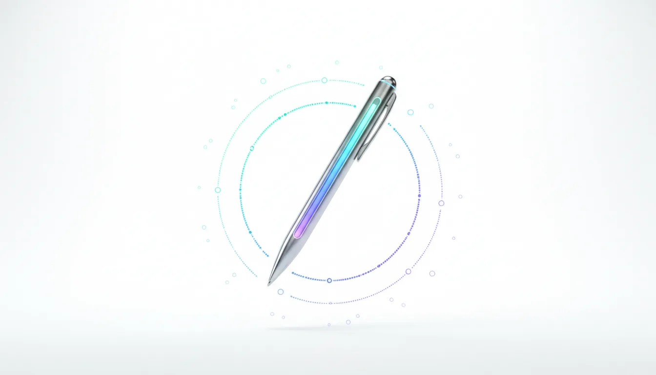 Conceptual rendering of OpenAI's screenless AI pen with a sleek metallic design and colorful gradient, surrounded by digital interface elements.