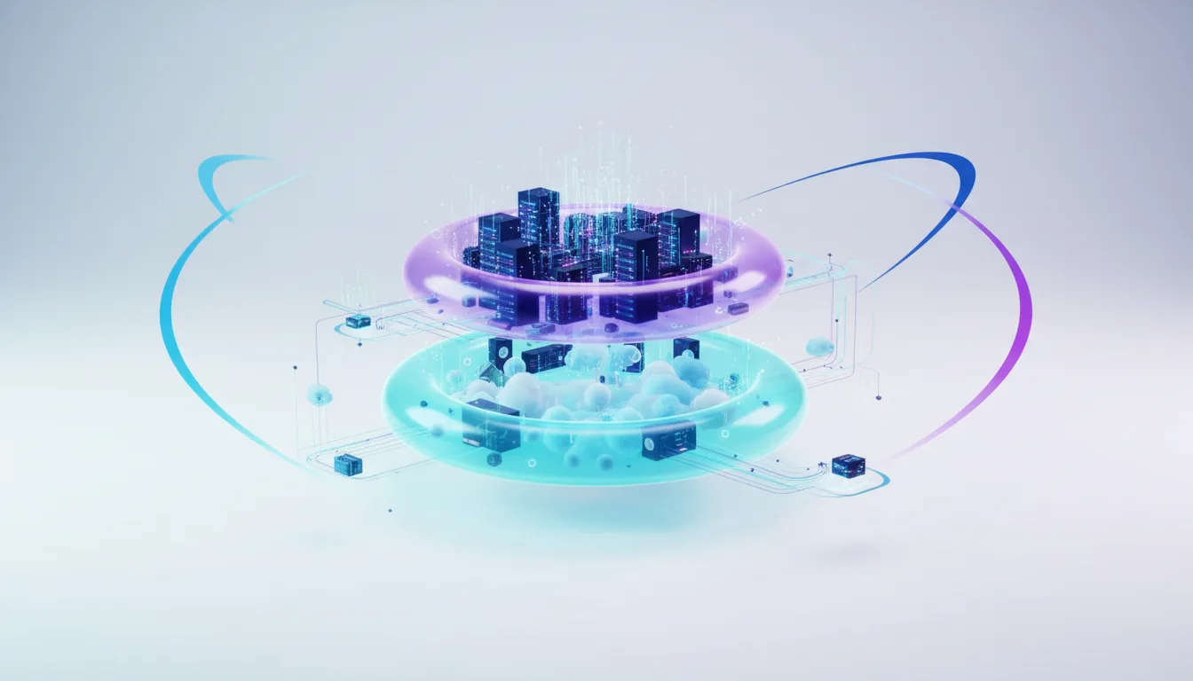 Abstract digital representation of AI infrastructure with tiered levels of data processing and cloud computing elements.
