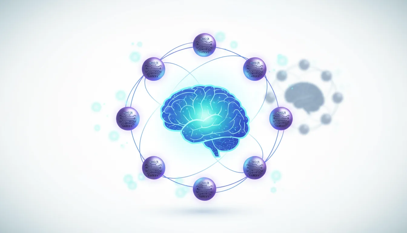 Abstract representation of a glowing blue brain connected by lines to purple spheres containing circuit board patterns, symbolizing AI network and processing power.