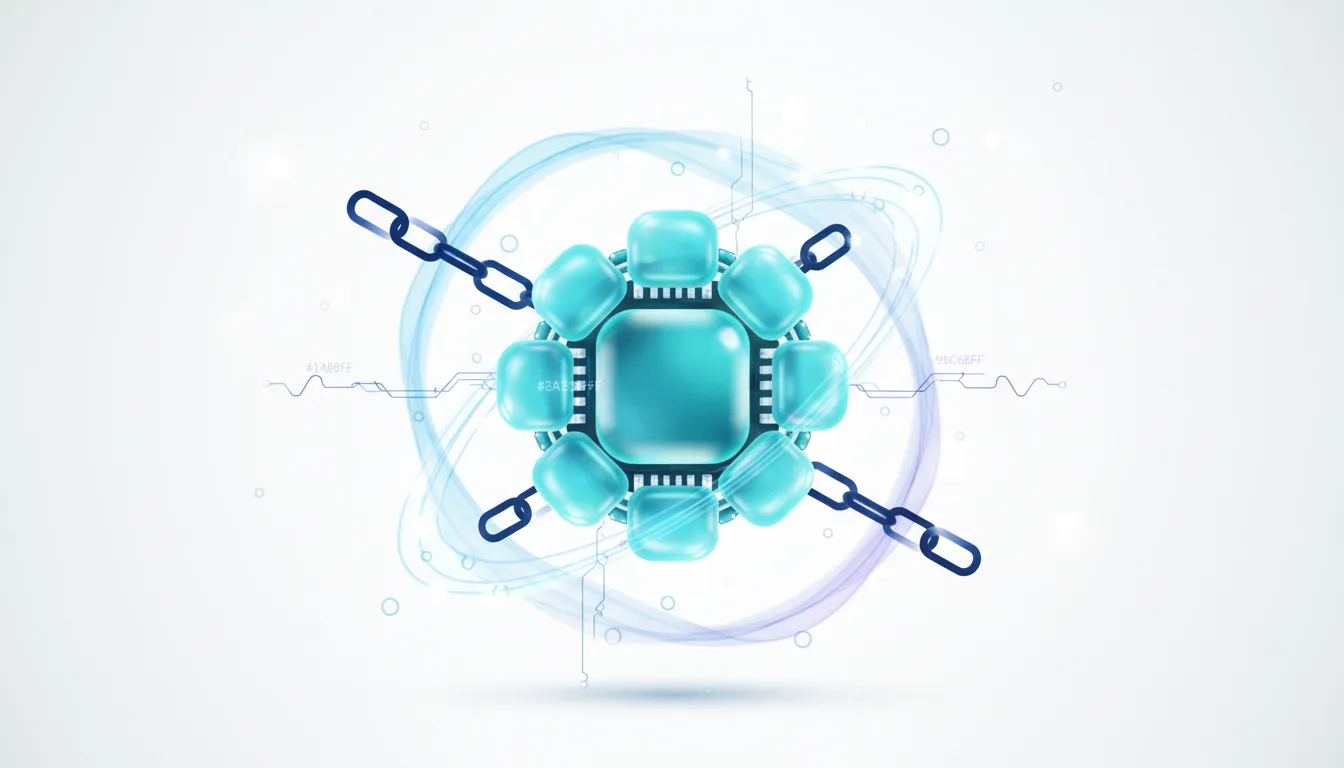 Central processor chip surrounded by glowing cubes and connected by chains, symbolizing AI compute and blockchain technology.