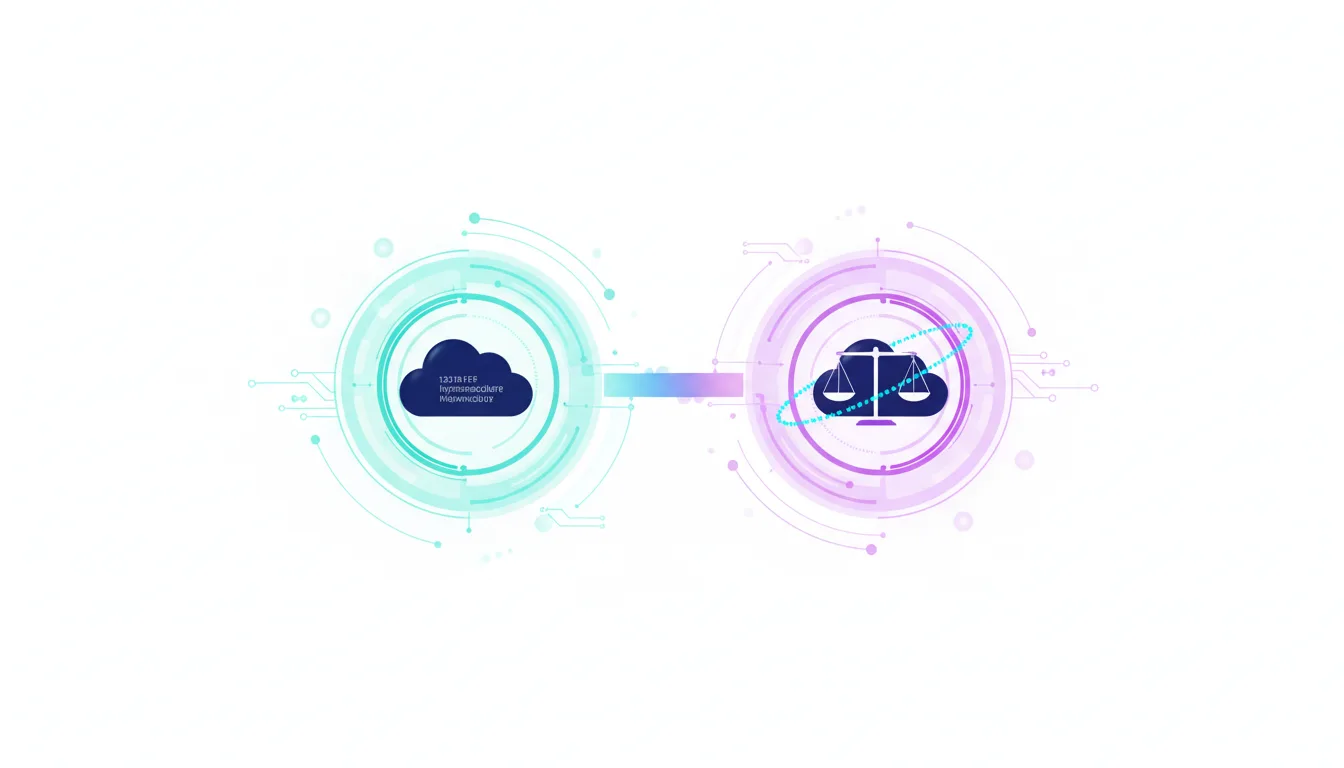 Abstract graphic showing a cloud icon representing hyperscaler dependency and a balance scale icon representing governance in AI IPO race.