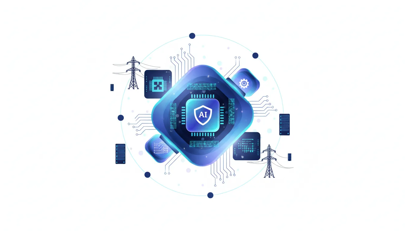 Abstract AI chip graphic surrounded by servers, power lines, and circuit board elements, symbolizing AI infrastructure and compute power.