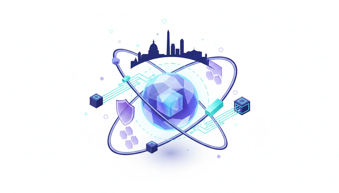 Abstract atom model with Washington DC skyline silhouette in background, symbolizing AI policy and national security.