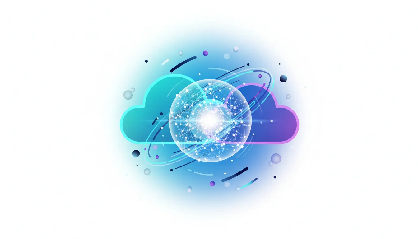 Abstract representation of AI and cloud computing with interconnected nodes within a sphere and stylized clouds.