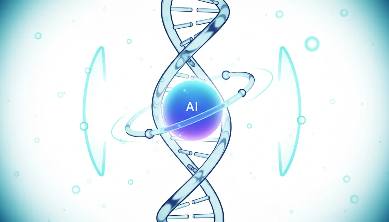 Abstract illustration of a DNA helix with a glowing blue sphere labeled AI at its center, symbolizing AI in biological research.