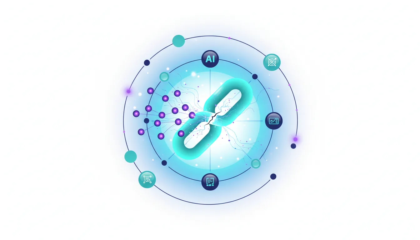 Abstract graphic illustrating a broken chain link at the center, symbolizing AI supply chain vulnerabilities and risks.